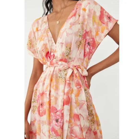Free People Floral Freddy Tie Mini Dress - Size Large - Soft Chiffon Girly EUC - Picture 3 of 7